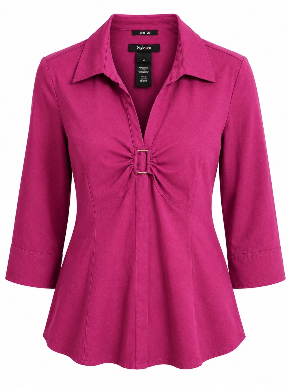 Style & Co Magenta Stretch Blouse Size 10 3/4 Sleeve Buckle Detail Career Top